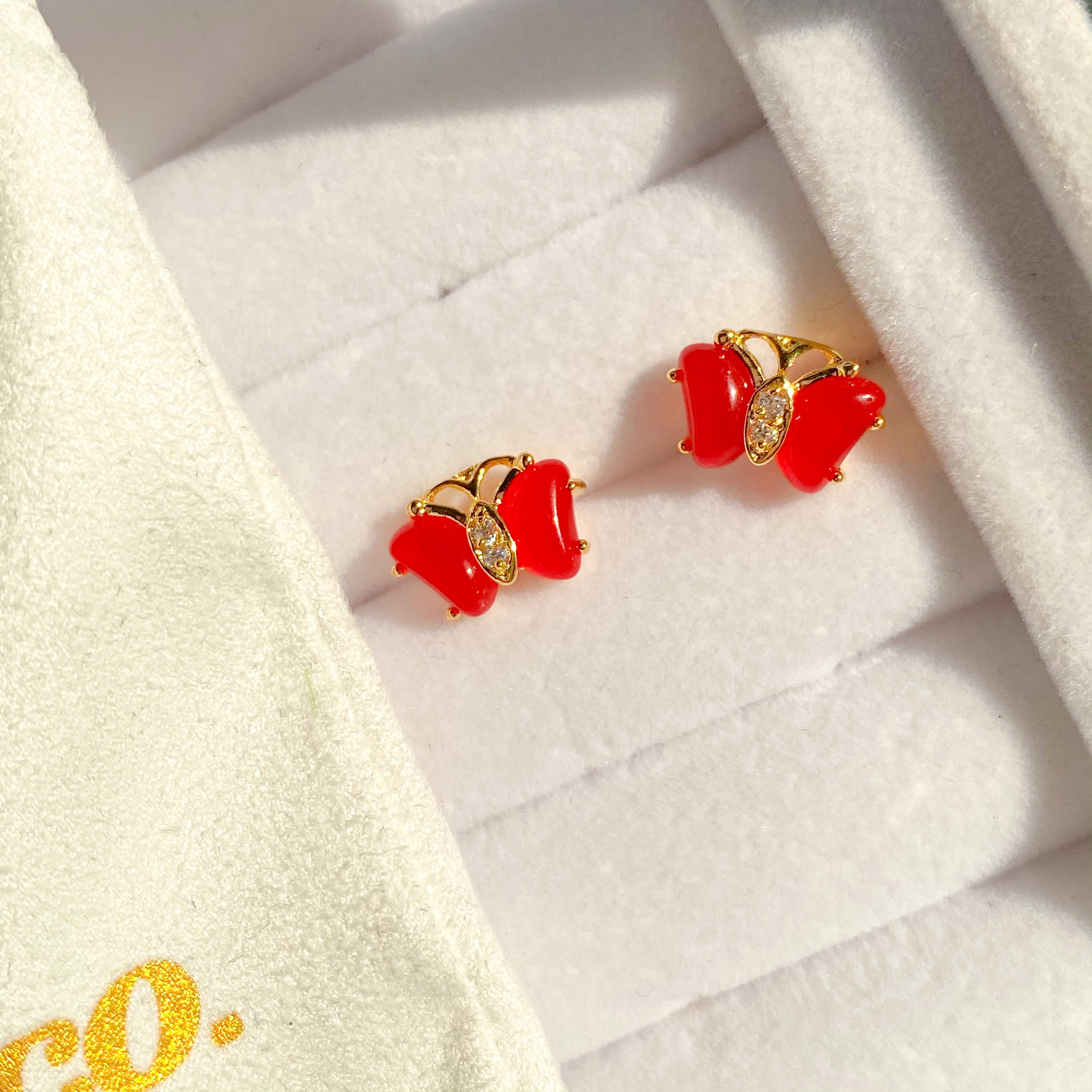 Cherry Red Butterfly Jade Stud Earrings