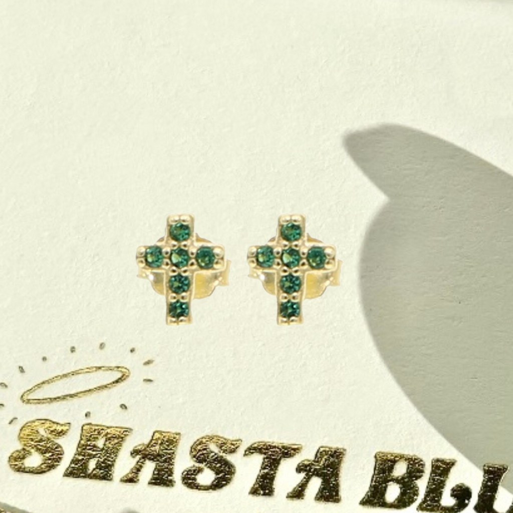 Emerald Subtle Cross Studs